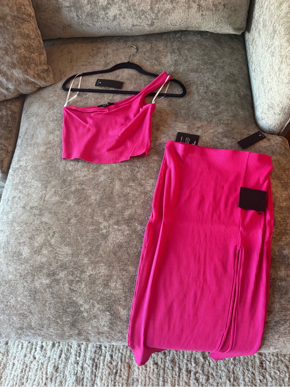 Lulu's Hot Pink Ribbed Skirt and One-shoulder top set